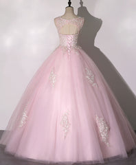 Pink V Neck Tulle Lace Long Prom Dress Pink Tulle Formal Sweet 16 Dress