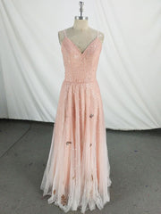 Pink V Neck Tulle Long Prom Dress, Pink Tulle Evening Dress