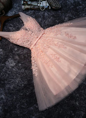 Pink V-neckline Tulle Knee Length Party Dress, Lovely Tulle Formal Dress