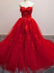 Pretty Red Sweetheart Strapless Ball Gown Applique Tulle Long Prom Dress,Party Dresses