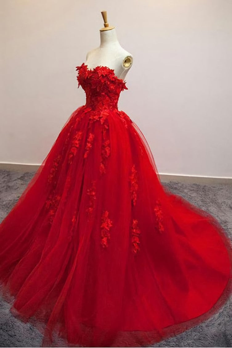 Pretty Red Sweetheart Strapless Ball Gown Applique Tulle Long Prom Dress,Party Dresses