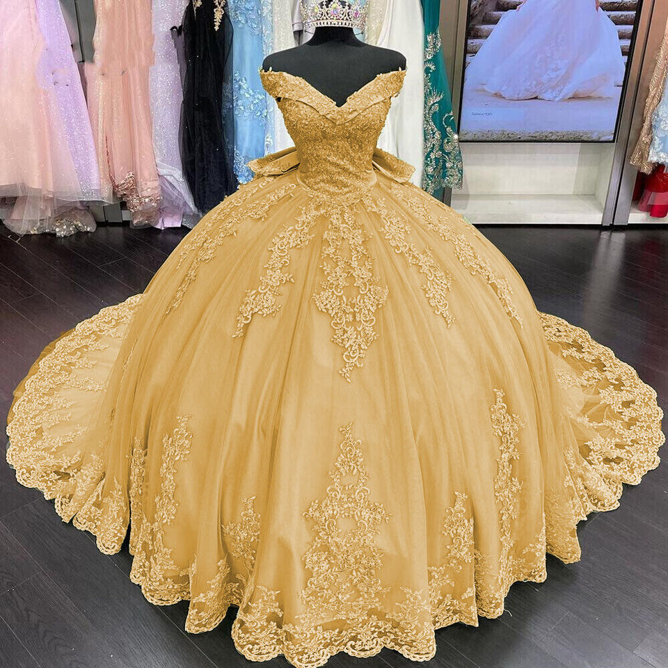 Princess Lace Off Shoulder Gold Quinceanera Dresses Applique With Bow