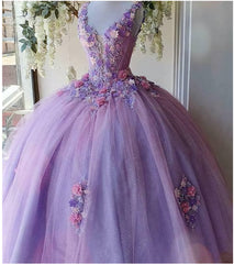 Princess Tulle Long Prom Dress with Flower,Ball Gowns Quinceanera Dresses