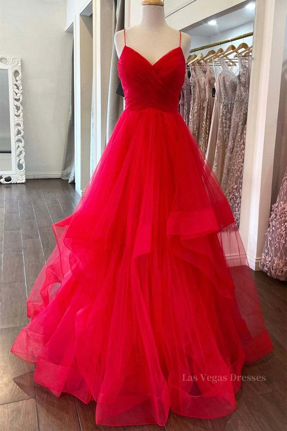 Puffy Red Tulle V Neck Long Prom Dresses, V Neck Red Formal Dresses, Red Evening Dresses