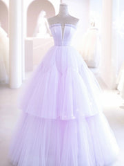 Purple A line Tulle Long Prom Dresses, Purple Evening Graduation Dresses