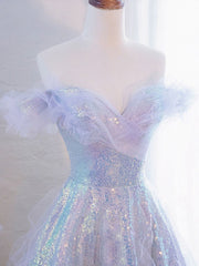 Purple Off Shoulder Tulle Sequin Long Prom Dress, Purple Formal Dress