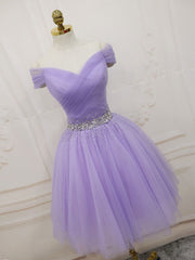 Purple Off Shoulder Tulle Sequin Prom Dress Purple Puffy Homecoming Dress