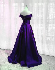 Purple Satin Off Shoulder Long Prom Dress, A-line Simple Purple Formal Dress