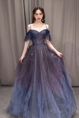 PURPLE SWEETHEART NECK TULLE LONG PROM DRESS PURPLE FORMAL DRESS