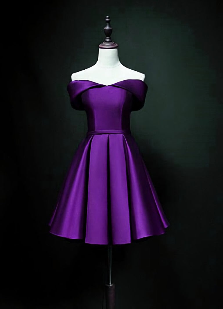 Purple Sweetheart Satin Off Shoulder Homecoming Dresses, Purple Short Prom Dresses