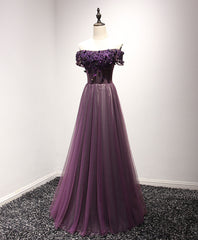 Purple Tulle Lace Off Shoulder Long Prom Dress, Purple Evening Dress