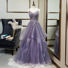 Purple Tulle Layers Long Formal Gown, Lace Applique Top Party Dress