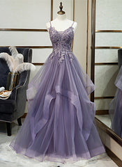 Purple Tulle Layers Long Formal Gown, Lace Applique Top Party Dress