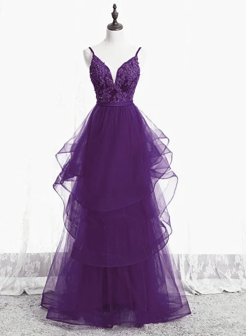 Purple Tulle Layers with Lace Long Evening Dresses, Purple Prom Dress Party Dresses