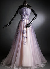 Purple Tulle Long Gradient Party Dress with Flower Lace Applique, Light Purple Prom Dresses