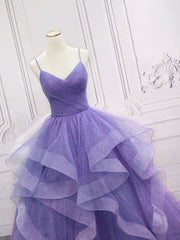 Purple v neck Tulle Long Prom Dress, Purple Sweet 16 Dress