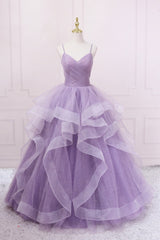 Purple V-Neck Tulle Long Prom Dress, Spaghetti Straps A-Line Evening Dress