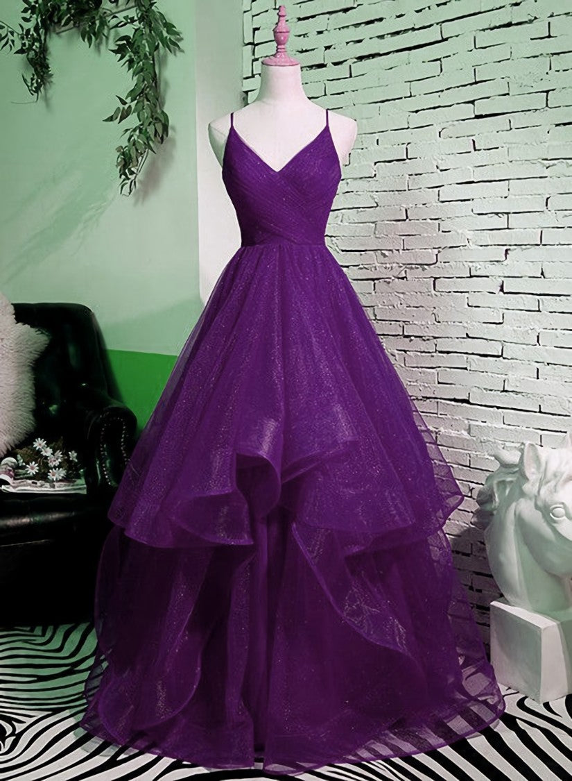 Purple V-neckline Straps Layers Tulle Party Gown, Purple Evening Dress