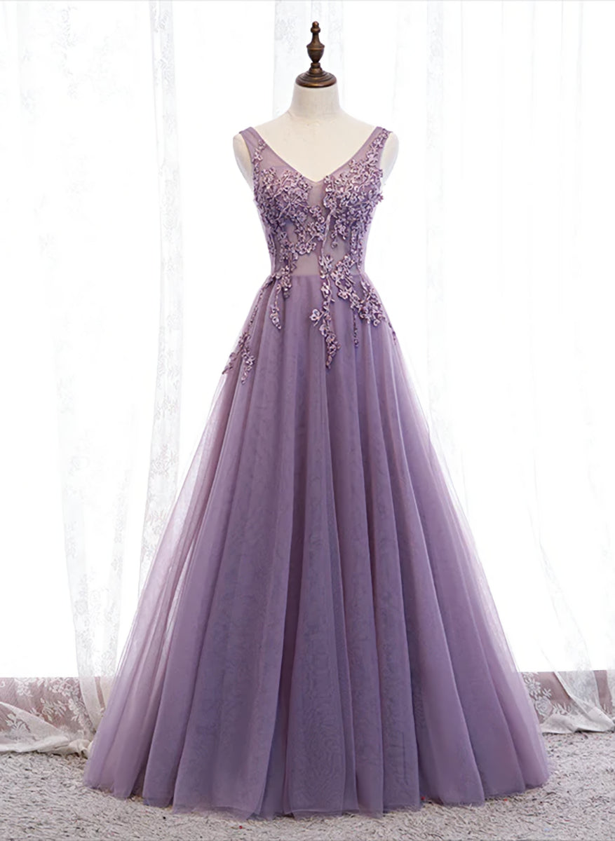 Purple V-neckline Tulle with Lace Floor Length Party Dress Evening Dress,Purple Prom Dress