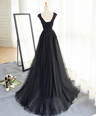 Black A Line Tulle Lace Long Prom Dress, Evening Dress