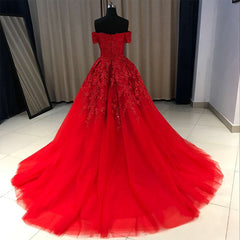 Red Gorgeous Sweetheart Off Shoulder Lace Applique Ball Gown Prom Dress, Red Evening Dress Party Dress