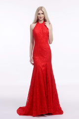 Red Lace Mermaid Halter Backless Long Prom Dresses