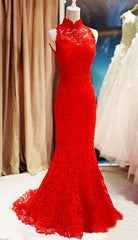 Red Lace Mermaid Long Formal Gown, Red Bridesmaid Dress