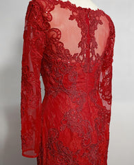 Red Lace Mermaid Long Sleeves Evening Gown, Red Lace Wedding Party Dress