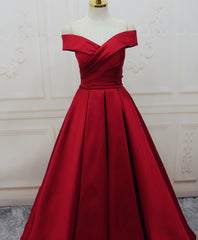 Red Satin Off Shoulder Handmade Long Formal Dress, Handmade Red Formal Gown