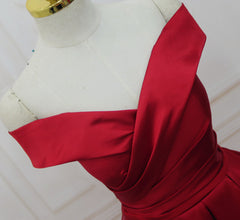 Red Satin Off Shoulder Handmade Long Formal Dress, Handmade Red Formal Gown