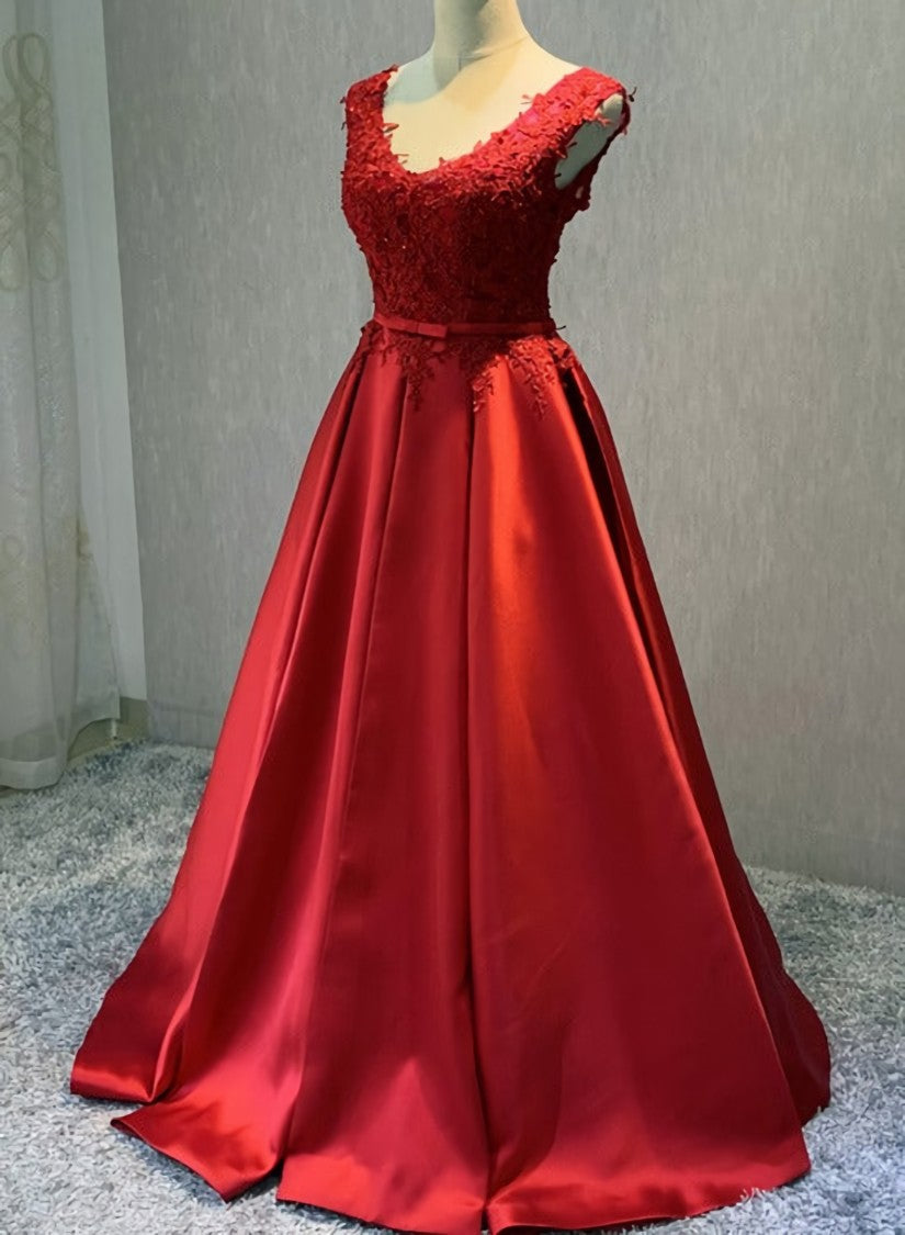 Red Satin V-neckline Floor Length Prom Dress, Backless Red Party Dress