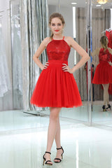 Red Sequined Tulle Strapless Homecoming Dresses