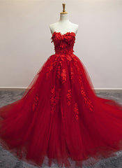 Red Sweetheart Tulle with Applique Party Dress , Tulle Formal Gowns