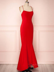 Red Thin Straps Mermaid Backless Long Prom Dresses, Red Mermaid Formal Dresses, Red Evening Dresses