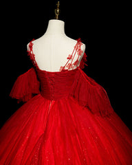 Red Tulle Ball Gown Off Shoulder Sweet 16 Formal Dresses, Red Evening Gown Party Dress