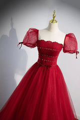 Red Tulle Floor Length Evening Party Dress, Red Short Sleeve Graduation Dress