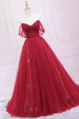 Red Tulle Long A-Line Prom Dress, Off the Shoulder Formal Evening Dress