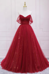 Red Tulle Long A-Line Prom Dress, Off the Shoulder Formal Evening Dress