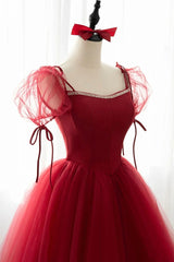 Red Tulle Short Sleeve Prom Dress, A-Line Floor Length Evening Graduation Dress