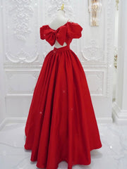 Red V Neck Satin Long Prom Dress, Red Formal Evening Dresses