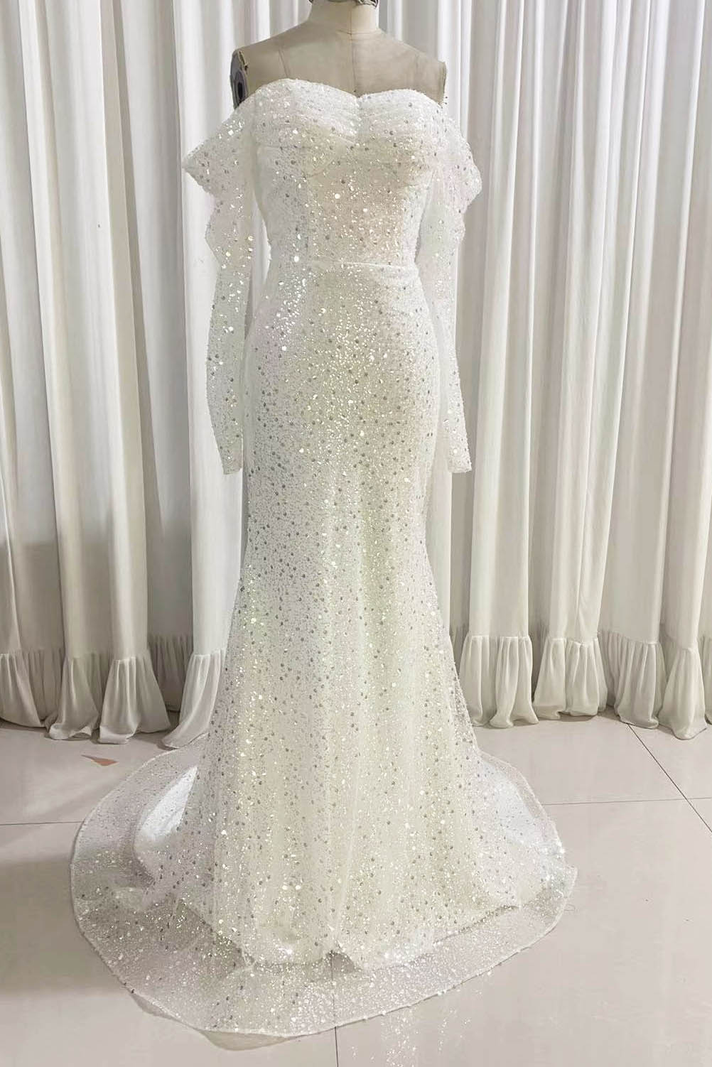 Ivory Mermaid Sequined Prom Dress with Long Sleeves, Sparkly Long Party Dresses