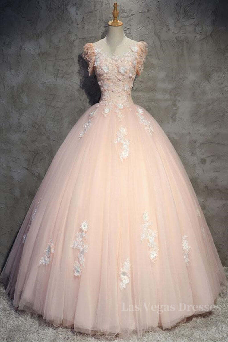 Round Neck Cap Sleeves Lace Pink Long Prom Dress, Pink Lace Formal Dress, Pink Evening Dress, Ball Gown