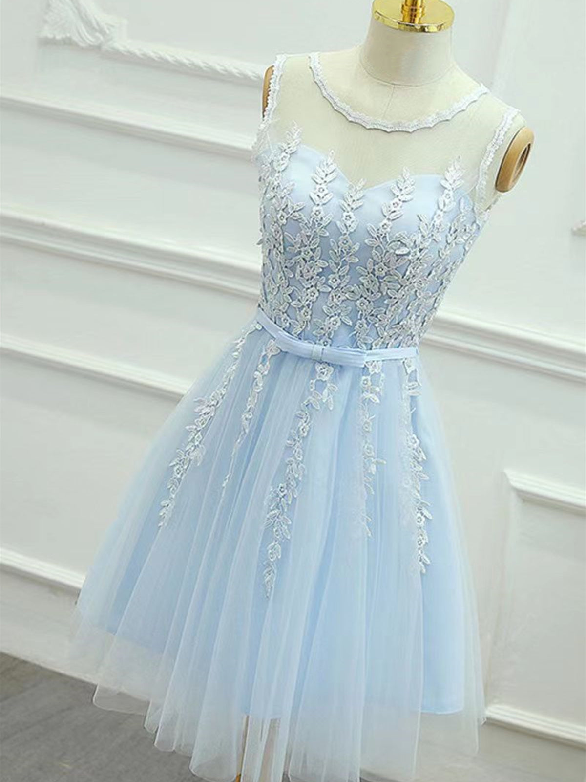 Round Neck Short Blue Lace Prom Dresses, Short Light Blue Lace Formal Graduation Dresses