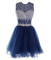 Round Neck Short Dark Blue Prom Dresses, Short Dark Blue Homecoming Dresses