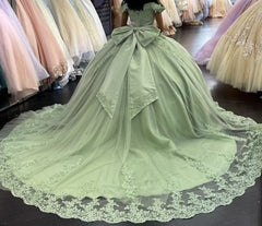 Sage Green Princess Quinceanera Dresses Applique Off Shoulder Sweet 16 Dress