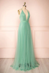 Sage Green V-Neck Tulle Long Prom Dress, Simple Backless Evening Dress