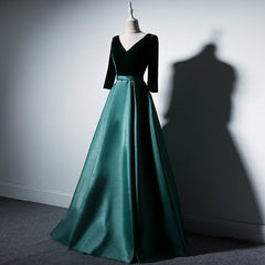 Satin and Velvet Short Sleeves Prom Dress, A-line Green Party Dress