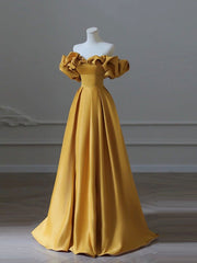 Satin Yellow Long Prom Dress, Aline Formal Yellow Graduation Party Dress