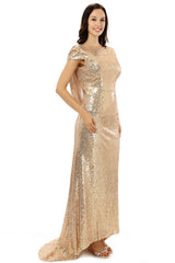 Scoop Backless Floor-length Sparkle Sequins Champagne Prom Dresses