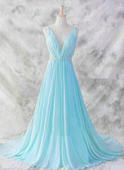 Sexy Light Blue Chiffon Backless Long Evening Gown, Blue Party Dress